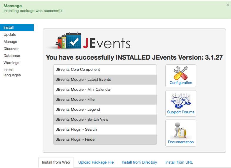 JEvents post install screen